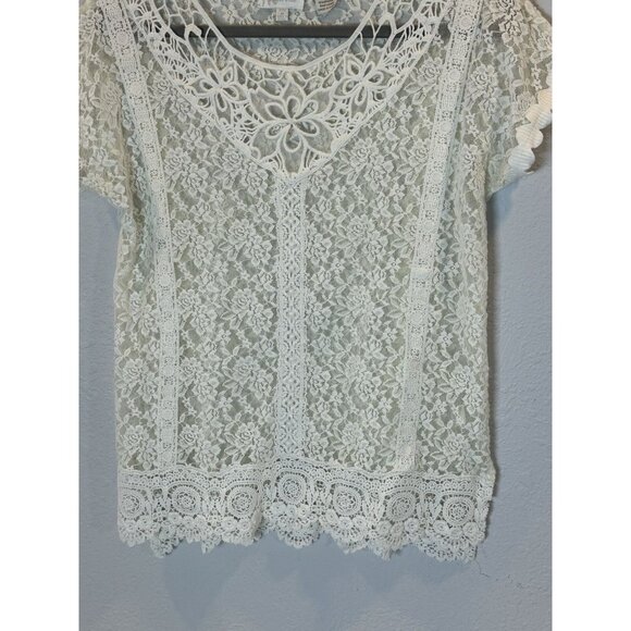 Miss Me Top Size Medium Ivory Corchet Lace Short Sleeve Semi Sheer Excellent - Picture 4 of 9